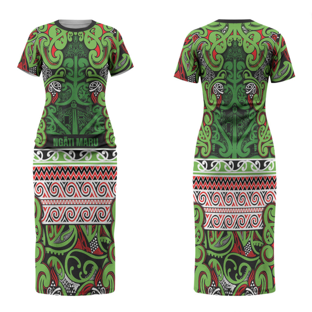 Aotearoa Iwi Ngati Maru Hauraki Family Matching Short Sleeve Bodycon Dress and Hawaiian Shirt Maori Wharenui House Tribal Pattern LT9 Mom's Dress Green Red - Polynesian Pride