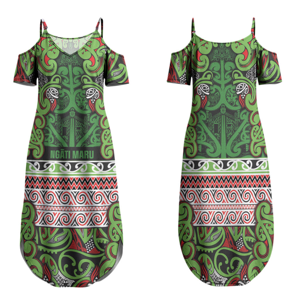 Aotearoa Iwi Ngati Maru Hauraki Family Matching Summer Maxi Dress and Hawaiian Shirt Maori Wharenui House Tribal Pattern LT9 Mom's Dress Green Red - Polynesian Pride