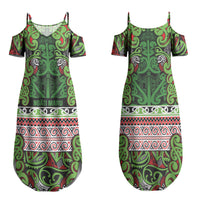 Aotearoa Iwi Ngati Maru Hauraki Family Matching Summer Maxi Dress and Hawaiian Shirt Maori Wharenui House Tribal Pattern LT9 Mom's Dress Green Red - Polynesian Pride