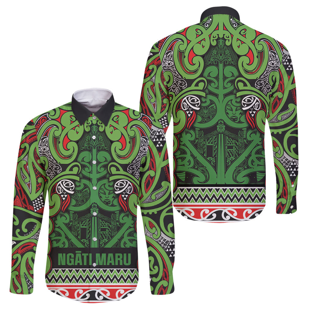 Aotearoa Iwi Ngati Maru Hauraki Family Matching Summer Maxi Dress and Hawaiian Shirt Maori Wharenui House Tribal Pattern LT9 Dad's Shirt - Long Sleeve Green Red - Polynesian Pride