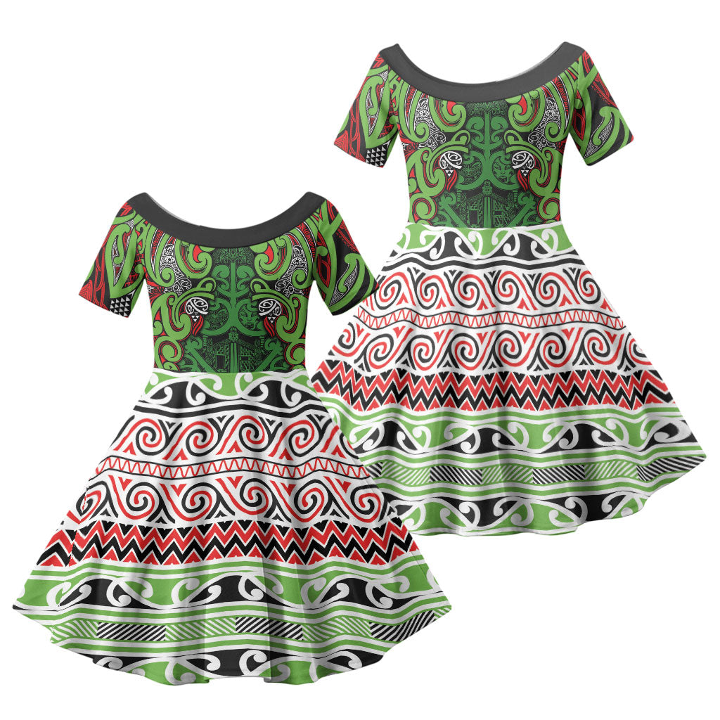 Aotearoa Iwi Ngati Maru Hauraki Family Matching Summer Maxi Dress and Hawaiian Shirt Maori Wharenui House Tribal Pattern LT9 Daughter's Dress Green Red - Polynesian Pride