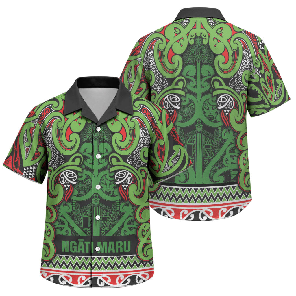 Aotearoa Iwi Ngati Maru Hauraki Family Matching Summer Maxi Dress and Hawaiian Shirt Maori Wharenui House Tribal Pattern LT9 Son's Shirt Green Red - Polynesian Pride