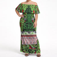 Aotearoa Iwi Ngati Maru Hauraki Off Shoulder Maxi Dress Maori Wharenui House Tribal Pattern LT9 Women Green Red - Polynesian Pride