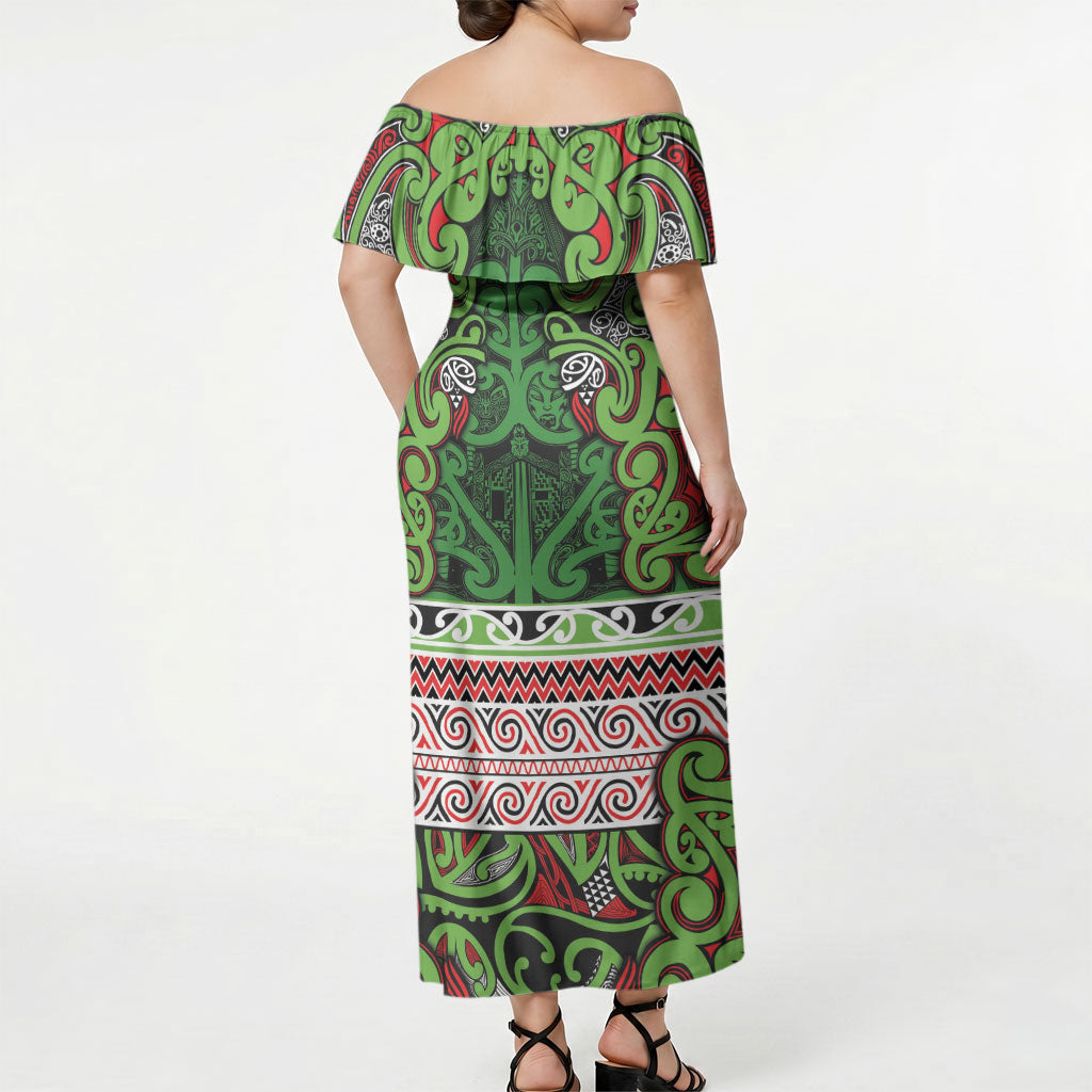 Aotearoa Iwi Ngati Maru Hauraki Off Shoulder Maxi Dress Maori Wharenui House Tribal Pattern LT9 - Polynesian Pride