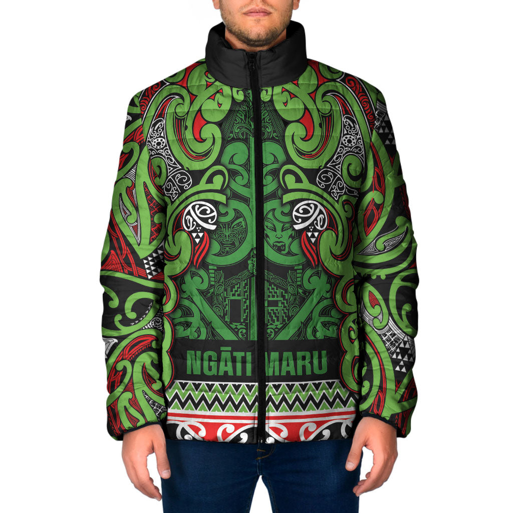 Aotearoa Iwi Ngati Maru Hauraki Padded Jacket Maori Wharenui House Tribal Pattern LT9 Men Green Red - Polynesian Pride