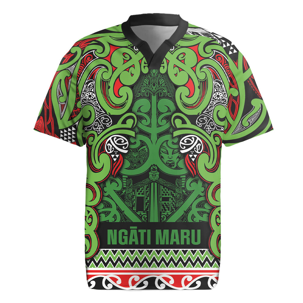 Aotearoa Iwi Ngati Maru Hauraki Rugby Jersey Maori Wharenui House Tribal Pattern LT9 Green Red - Polynesian Pride