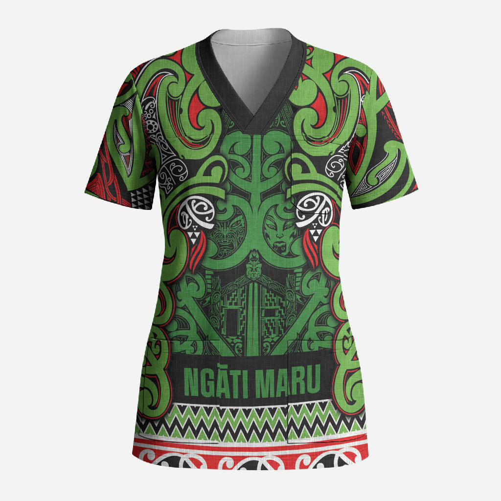 Aotearoa Iwi Ngati Maru Hauraki Scrub Top Maori Wharenui House Tribal Pattern LT9 Adult Green Red - Polynesian Pride