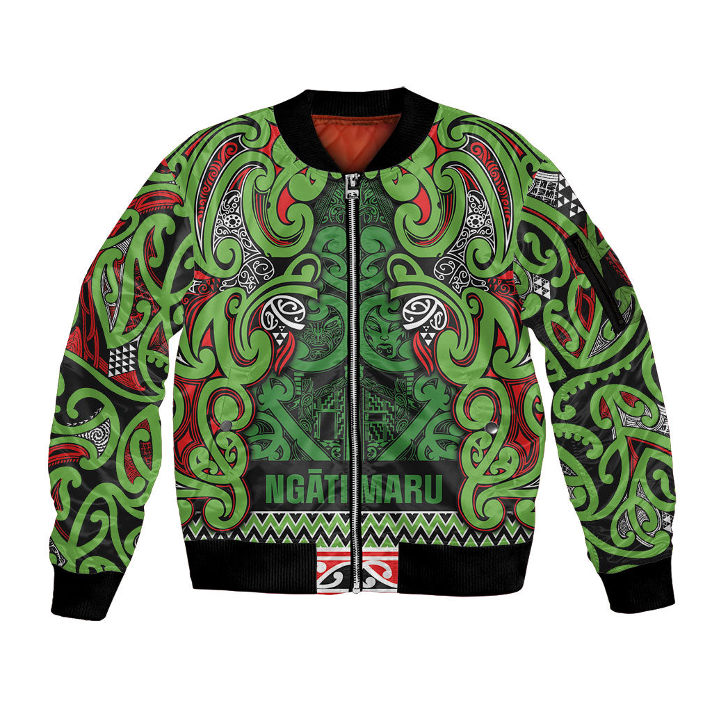 Aotearoa Iwi Ngati Maru Hauraki Sleeve Zip Bomber Jacket Maori Wharenui House Tribal Pattern LT9 Unisex Green Red - Polynesian Pride
