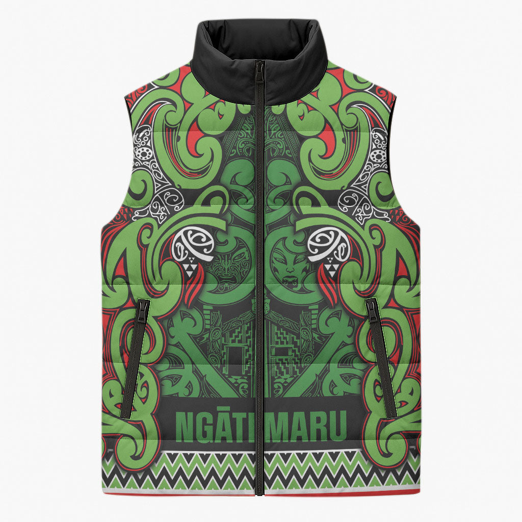 Aotearoa Iwi Ngati Maru Hauraki Sleeveless Puffer Jacket Maori Wharenui House Tribal Pattern LT9 Unisex Green Red - Polynesian Pride