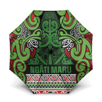 Aotearoa Iwi Ngati Maru Hauraki Umbrella Maori Wharenui House Tribal Pattern LT9 One Size Folded 11.42 inch Opened Diameter 37.4 inch Green Red - Polynesian Pride
