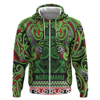 Aotearoa Iwi Ngati Maru Hauraki Zip Hoodie Maori Wharenui House Tribal Pattern LT9 Zip Hoodie Green Red - Polynesian Pride