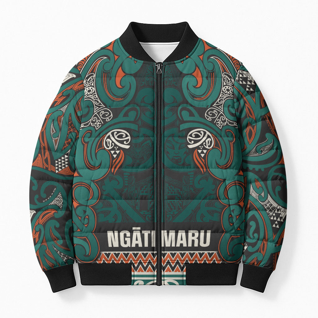 Aotearoa Iwi Ngāti Maru Taranaki Bomber Puffer Jacket Maori Wharenui House Tribal Pattern LT9 Unisex Deep Teal - Polynesian Pride
