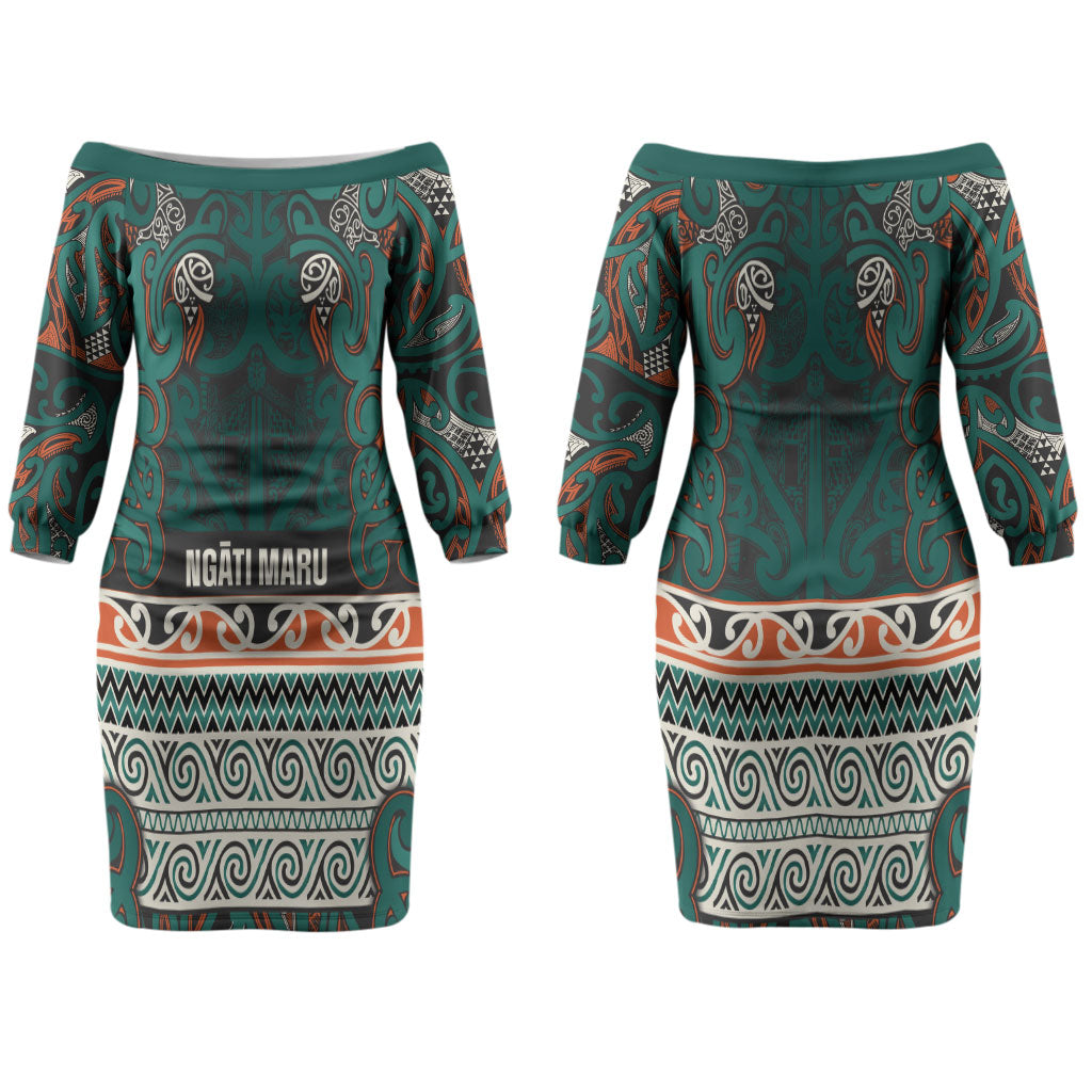 Aotearoa Iwi Ngāti Maru Taranaki Couples Matching Off The Shoulder Long Sleeve Dress and Hawaiian Shirt Maori Wharenui House Tribal Pattern LT9 - Polynesian Pride