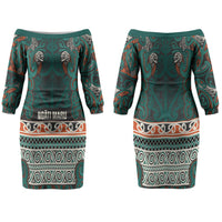 Aotearoa Iwi Ngāti Maru Taranaki Couples Matching Off The Shoulder Long Sleeve Dress and Hawaiian Shirt Maori Wharenui House Tribal Pattern LT9 - Polynesian Pride