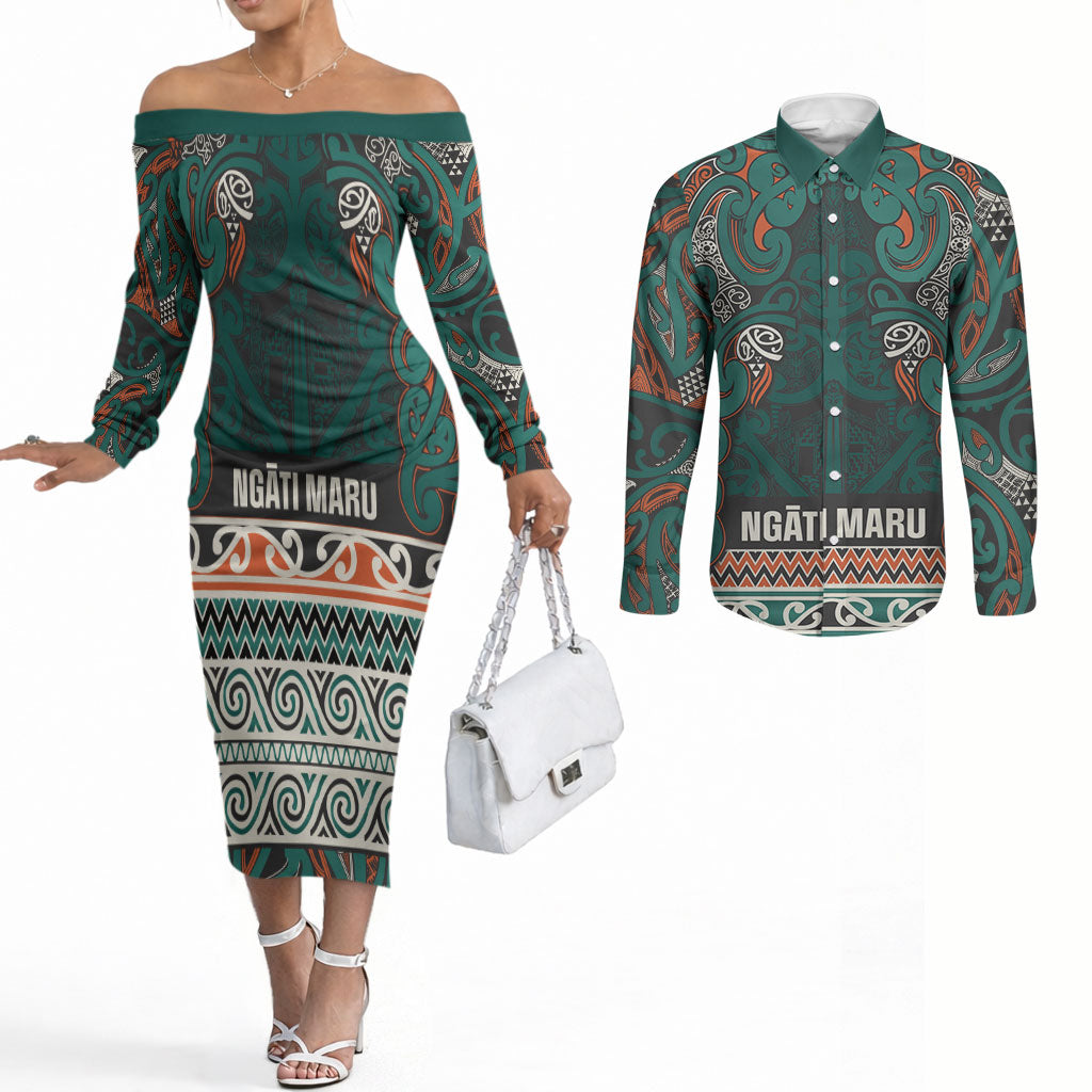 Aotearoa Iwi Ngāti Maru Taranaki Couples Matching Off The Shoulder Long Sleeve Dress and Long Sleeve Button Shirt Maori Wharenui House Tribal Pattern LT9 Deep Teal - Polynesian Pride