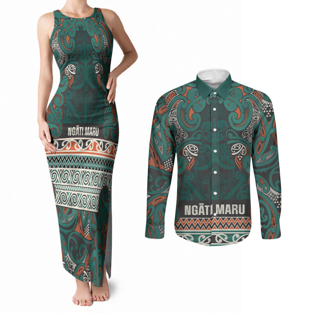 Aotearoa Iwi Ngāti Maru Taranaki Couples Matching Tank Maxi Dress and Long Sleeve Button Shirt Maori Wharenui House Tribal Pattern LT9 Deep Teal - Polynesian Pride