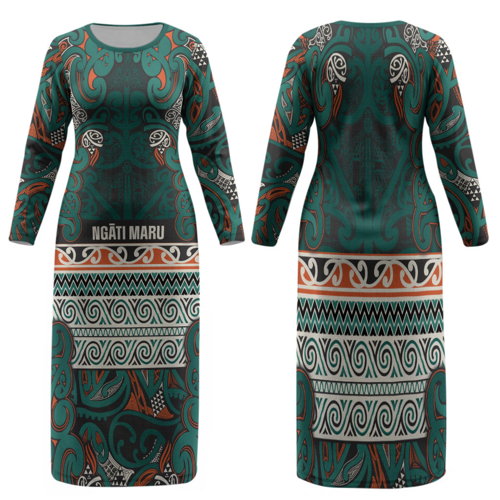 Aotearoa Iwi Ngāti Maru Taranaki Family Matching Long Sleeve Bodycon Dress and Hawaiian Shirt Maori Wharenui House Tribal Pattern LT9 Mom's Dress Deep Teal - Polynesian Pride