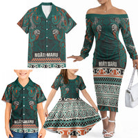 Aotearoa Iwi Ngāti Maru Taranaki Family Matching Off The Shoulder Long Sleeve Dress and Hawaiian Shirt Maori Wharenui House Tribal Pattern LT9 - Polynesian Pride