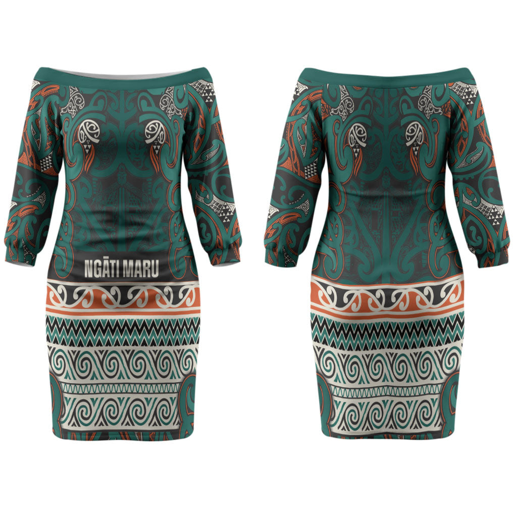 Aotearoa Iwi Ngāti Maru Taranaki Family Matching Off The Shoulder Long Sleeve Dress and Hawaiian Shirt Maori Wharenui House Tribal Pattern LT9 Mom's Dress Deep Teal - Polynesian Pride
