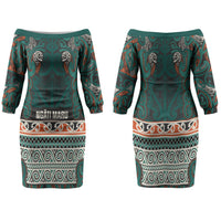 Aotearoa Iwi Ngāti Maru Taranaki Family Matching Off The Shoulder Long Sleeve Dress and Hawaiian Shirt Maori Wharenui House Tribal Pattern LT9 Mom's Dress Deep Teal - Polynesian Pride