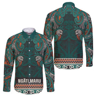 Aotearoa Iwi Ngāti Maru Taranaki Family Matching Off The Shoulder Long Sleeve Dress and Hawaiian Shirt Maori Wharenui House Tribal Pattern LT9 Dad's Shirt - Long Sleeve Deep Teal - Polynesian Pride