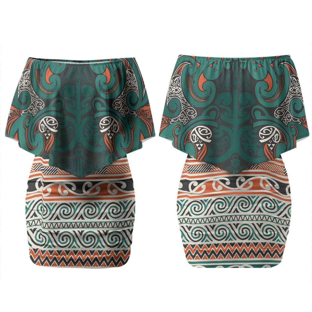 Aotearoa Iwi Ngāti Maru Taranaki Family Matching Off Shoulder Short Dress and Hawaiian Shirt Maori Wharenui House Tribal Pattern LT9 Mom's Dress Deep Teal - Polynesian Pride