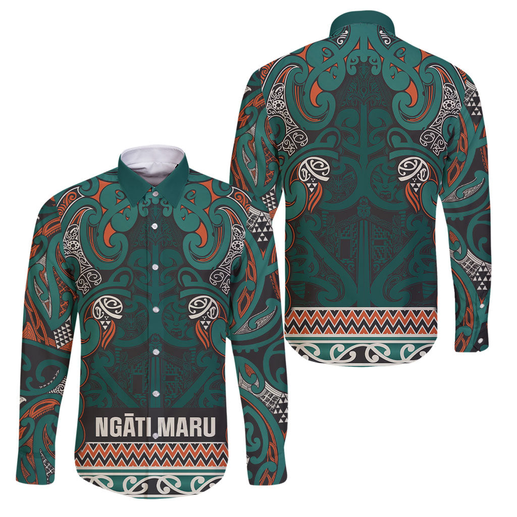 Aotearoa Iwi Ngāti Maru Taranaki Family Matching Off Shoulder Short Dress and Hawaiian Shirt Maori Wharenui House Tribal Pattern LT9 Dad's Shirt - Long Sleeve Deep Teal - Polynesian Pride
