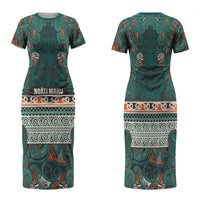 Aotearoa Iwi Ngāti Maru Taranaki Family Matching Short Sleeve Bodycon Dress and Hawaiian Shirt Maori Wharenui House Tribal Pattern LT9 Mom's Dress Deep Teal - Polynesian Pride