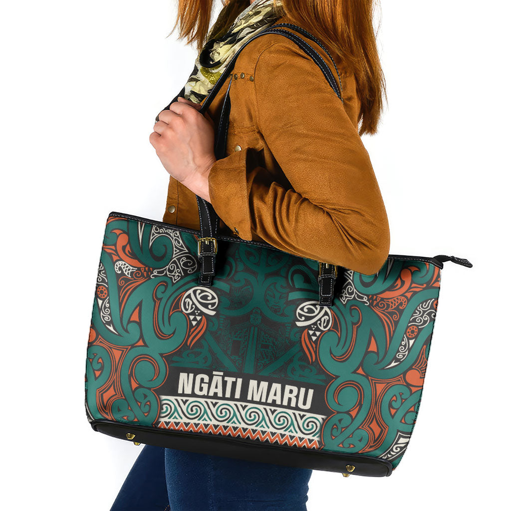 Aotearoa Iwi Ngāti Maru Taranaki Leather Tote Bag Maori Wharenui House Tribal Pattern LT9 Deep Teal - Polynesian Pride
