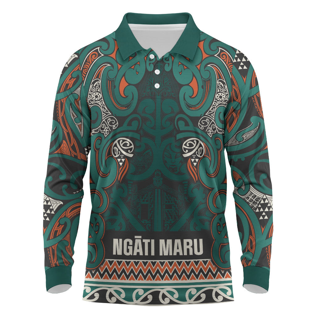 Aotearoa Iwi Ngāti Maru Taranaki Long Sleeve Polo Shirt Maori Wharenui House Tribal Pattern LT9 Deep Teal - Polynesian Pride