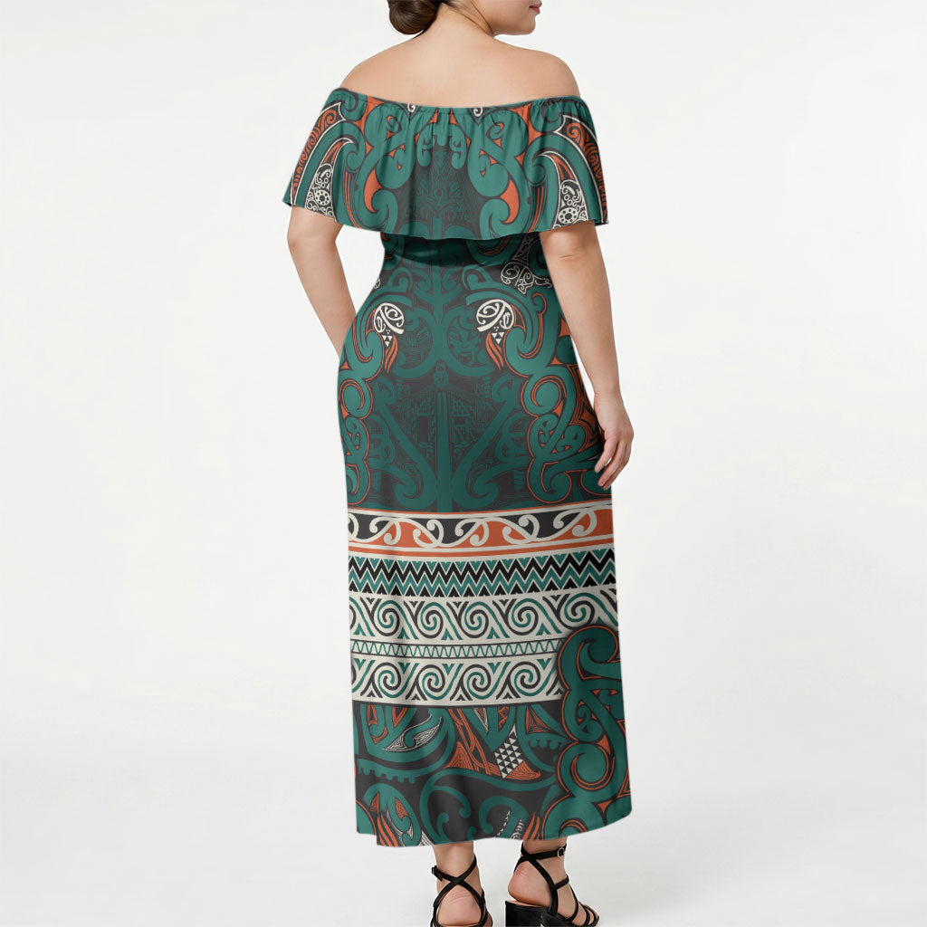 Aotearoa Iwi Ngāti Maru Taranaki Off Shoulder Maxi Dress Maori Wharenui House Tribal Pattern LT9 - Polynesian Pride