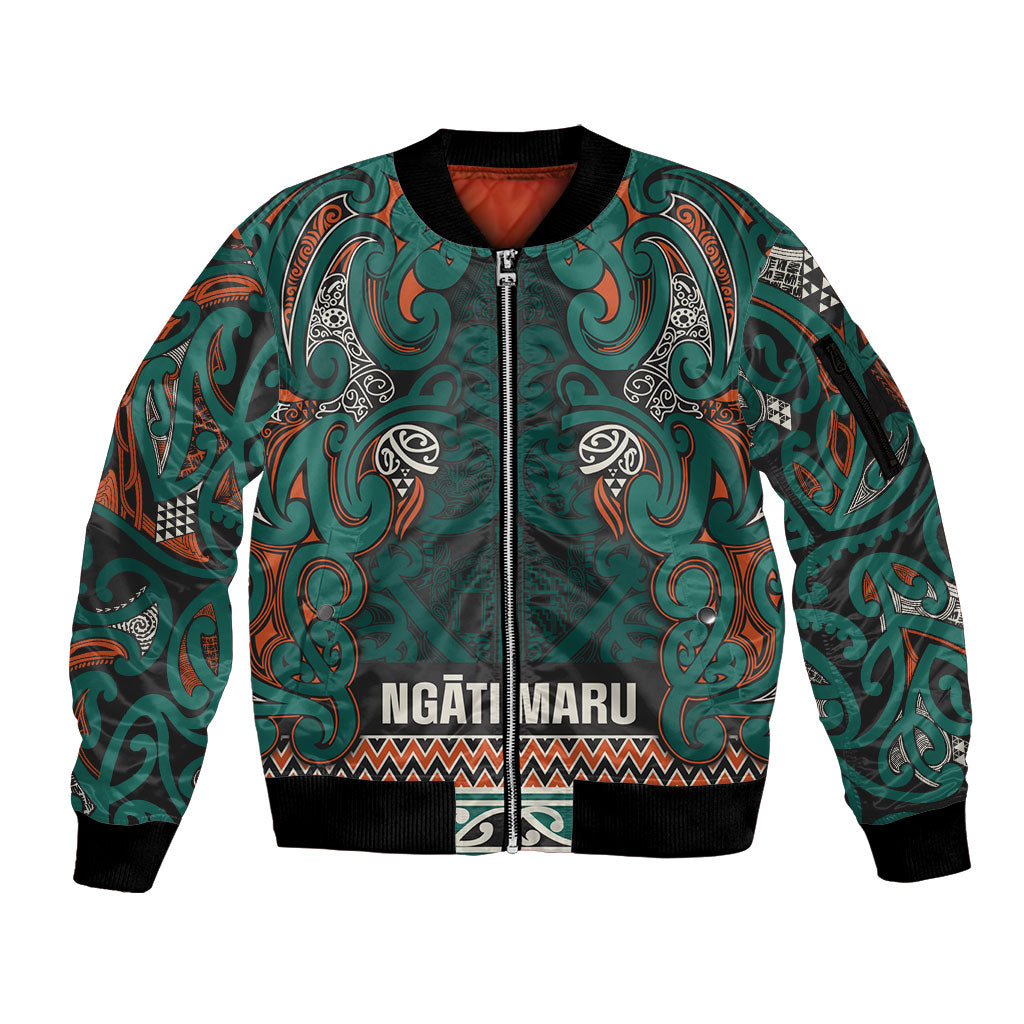 Aotearoa Iwi Ngāti Maru Taranaki Sleeve Zip Bomber Jacket Maori Wharenui House Tribal Pattern LT9 Unisex Deep Teal - Polynesian Pride