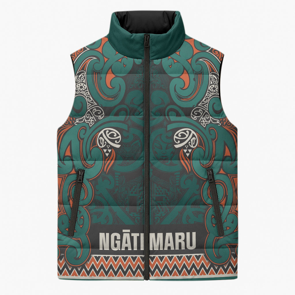 Aotearoa Iwi Ngāti Maru Taranaki Sleeveless Puffer Jacket Maori Wharenui House Tribal Pattern LT9 Unisex Deep Teal - Polynesian Pride