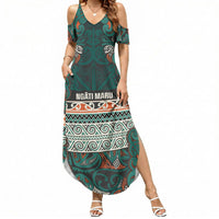 Aotearoa Iwi Ngāti Maru Taranaki Summer Maxi Dress Maori Wharenui House Tribal Pattern LT9 Women Deep Teal - Polynesian Pride