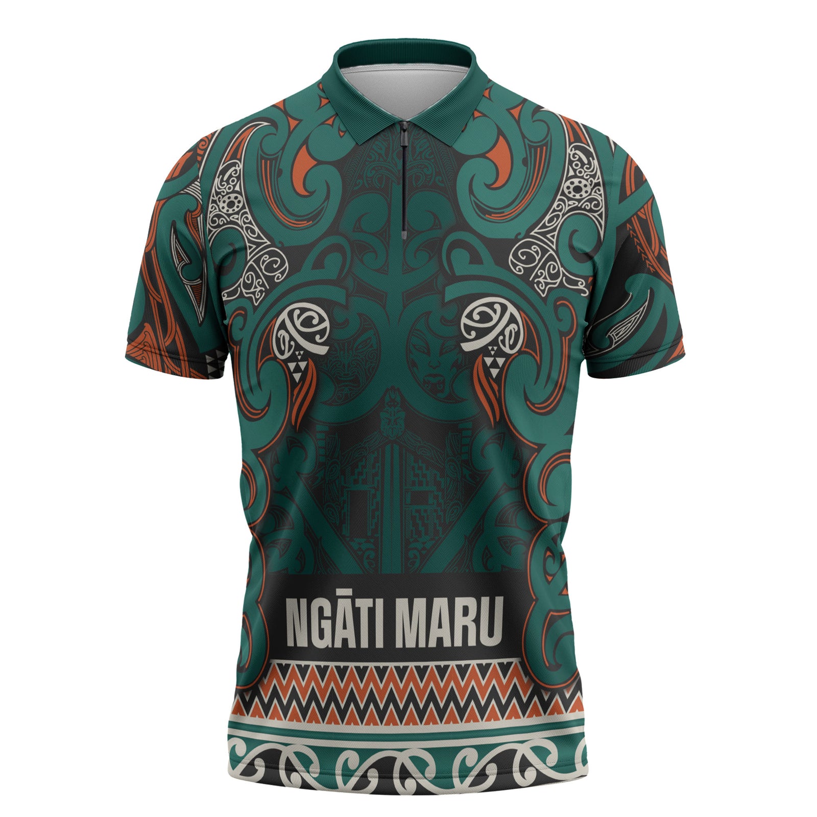 Aotearoa Iwi Ngāti Maru Taranaki Zipper Polo Shirt Maori Wharenui House Tribal Pattern LT9 Deep Teal - Polynesian Pride