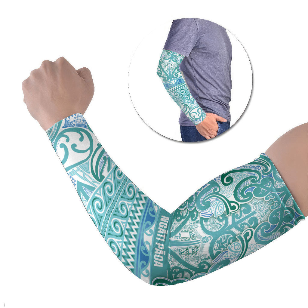 Aotearoa Iwi Ngati Paoa Arm Sleeves Maori Wharenui House Tribal Pattern LT9 Set of 2 Turquoise - Polynesian Pride