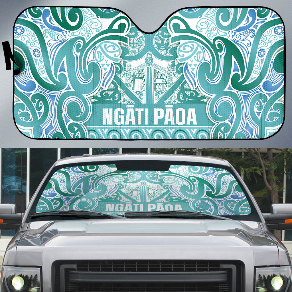Aotearoa Iwi Ngati Paoa Auto Sun Shade Maori Wharenui House Tribal Pattern LT9 Turquoise - Polynesian Pride