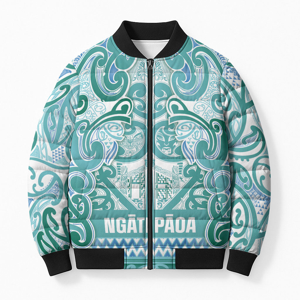 Aotearoa Iwi Ngati Paoa Bomber Puffer Jacket Maori Wharenui House Tribal Pattern LT9 Unisex Turquoise - Polynesian Pride