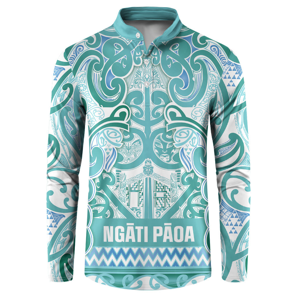 Aotearoa Iwi Ngati Paoa Button Sweatshirt Maori Wharenui House Tribal Pattern LT9 Turquoise - Polynesian Pride
