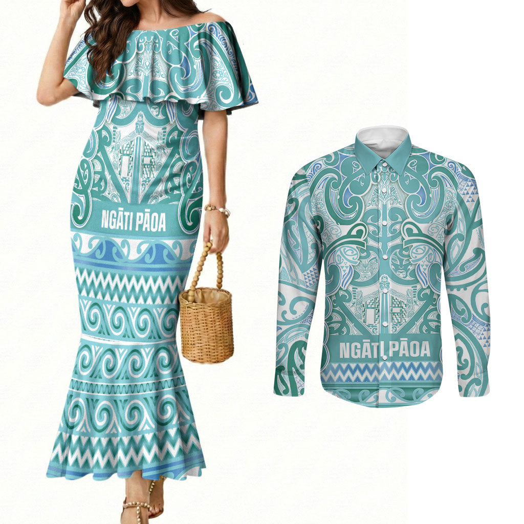 Aotearoa Iwi Ngati Paoa Couples Matching Mermaid Dress and Long Sleeve Button Shirt Maori Wharenui House Tribal Pattern LT9 Turquoise - Polynesian Pride