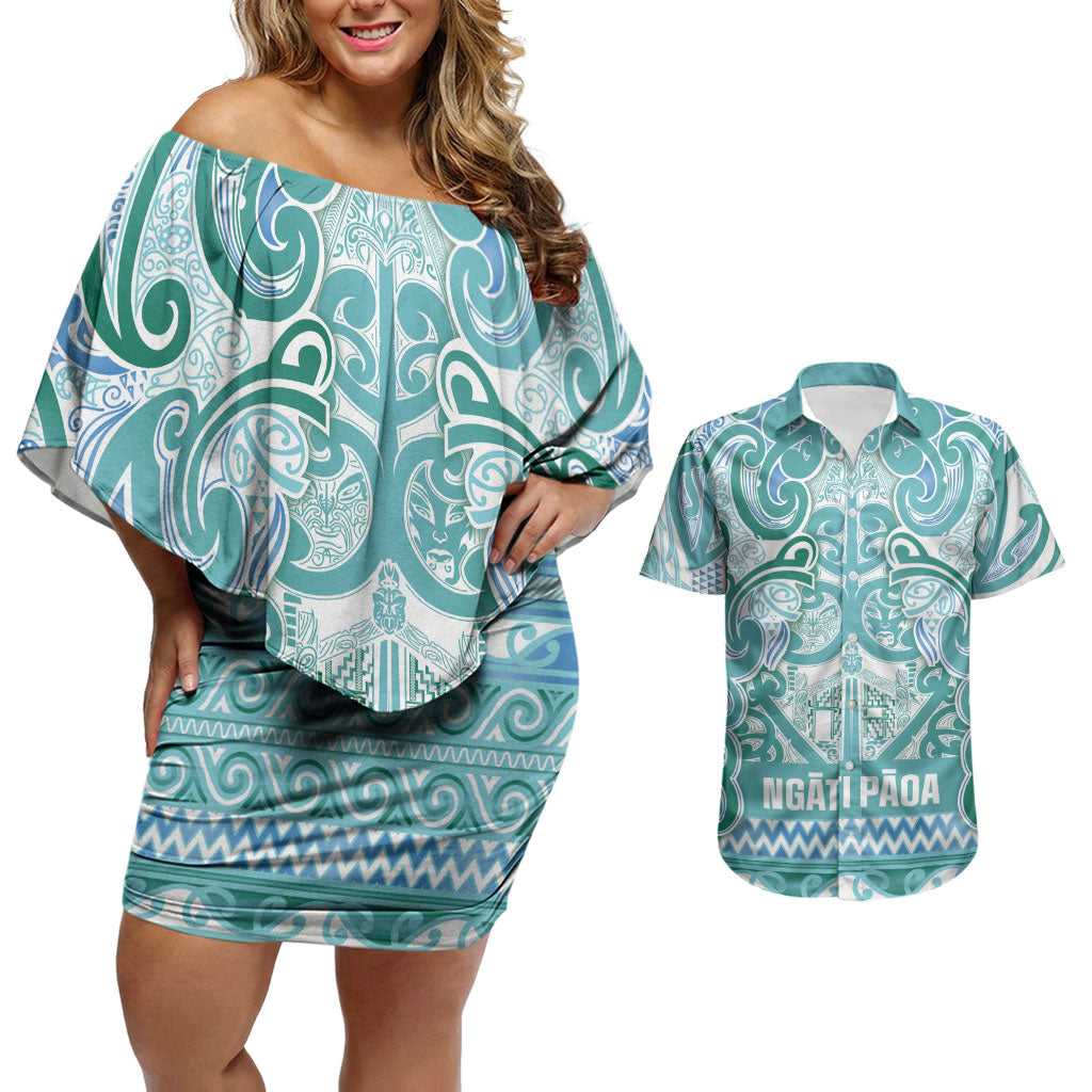 Aotearoa Iwi Ngati Paoa Couples Matching Off Shoulder Short Dress and Hawaiian Shirt Maori Wharenui House Tribal Pattern LT9 Turquoise - Polynesian Pride