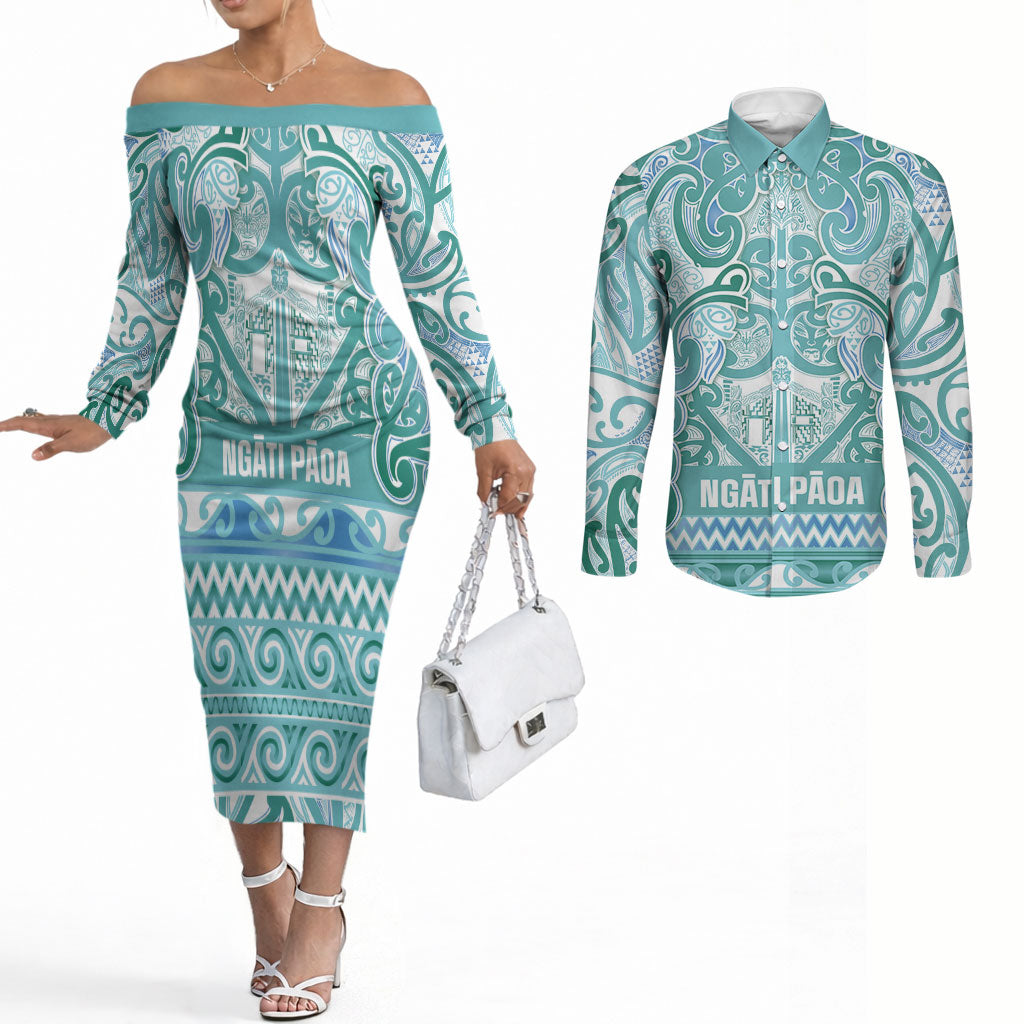 Aotearoa Iwi Ngati Paoa Couples Matching Off The Shoulder Long Sleeve Dress and Long Sleeve Button Shirt Maori Wharenui House Tribal Pattern LT9 Turquoise - Polynesian Pride