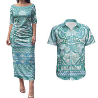 Aotearoa Iwi Ngati Paoa Couples Matching Puletasi and Hawaiian Shirt Maori Wharenui House Tribal Pattern LT9 Turquoise - Polynesian Pride
