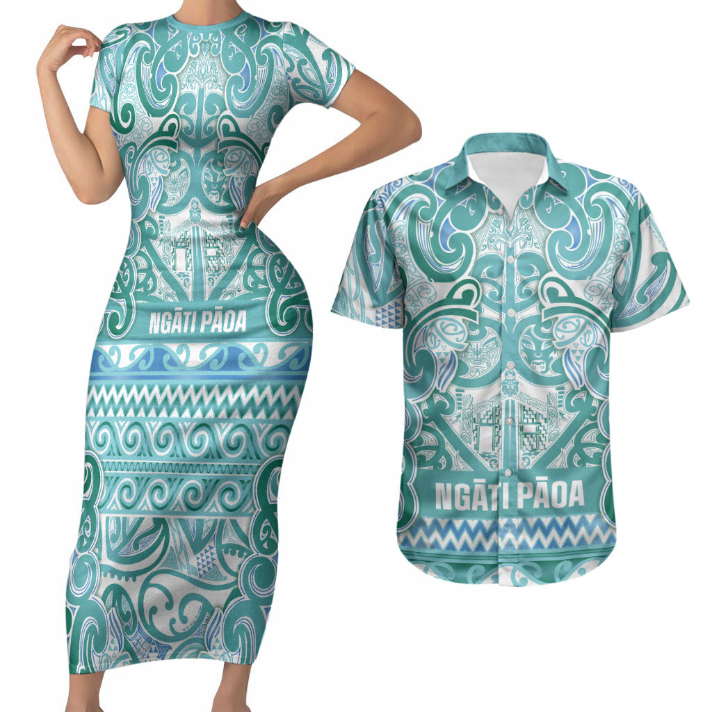 Aotearoa Iwi Ngati Paoa Couples Matching Short Sleeve Bodycon Dress and Hawaiian Shirt Maori Wharenui House Tribal Pattern LT9 Turquoise - Polynesian Pride