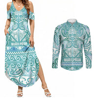 Aotearoa Iwi Ngati Paoa Couples Matching Summer Maxi Dress and Long Sleeve Button Shirt Maori Wharenui House Tribal Pattern LT9 Turquoise - Polynesian Pride