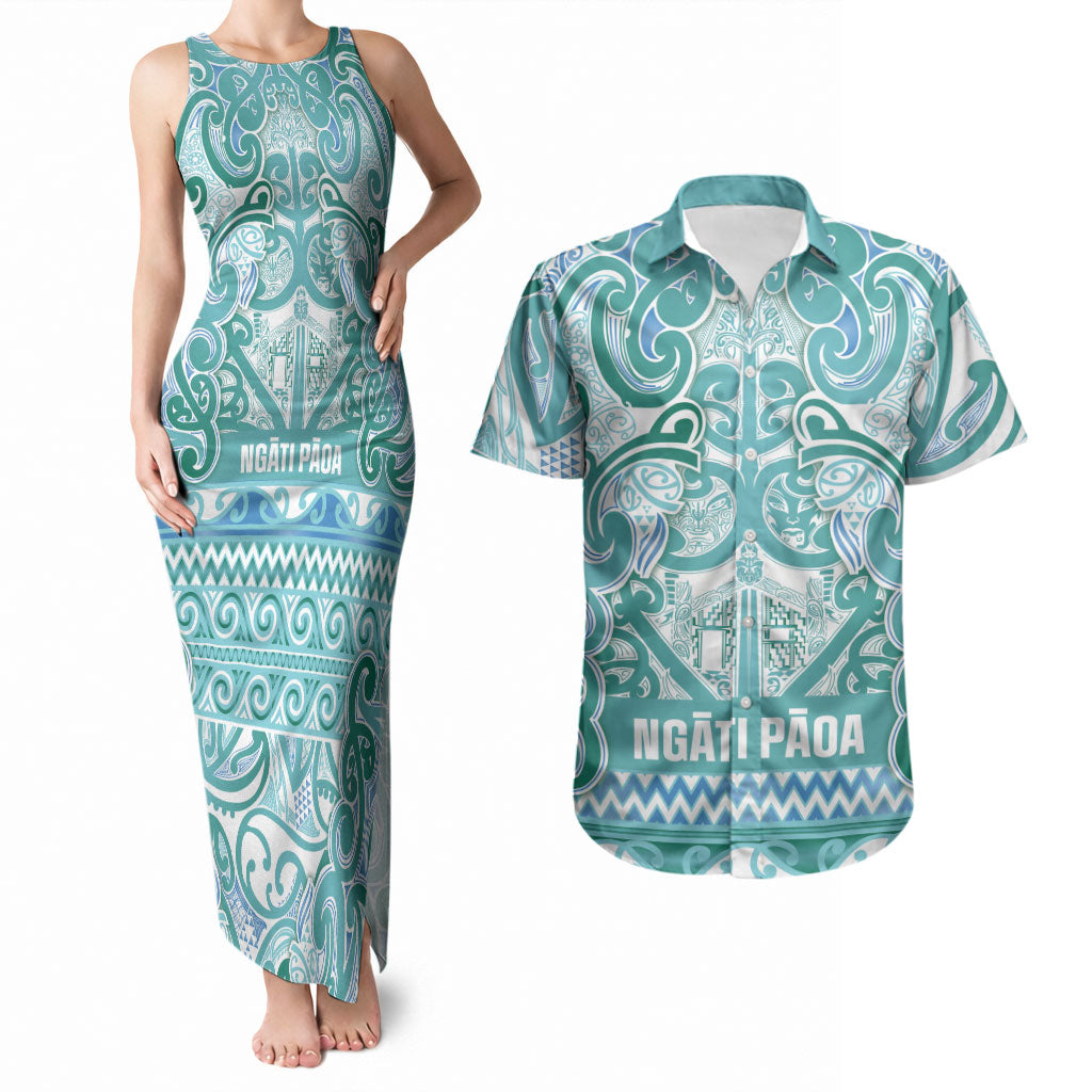 Aotearoa Iwi Ngati Paoa Couples Matching Tank Maxi Dress and Hawaiian Shirt Maori Wharenui House Tribal Pattern LT9 Turquoise - Polynesian Pride