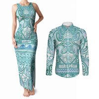 Aotearoa Iwi Ngati Paoa Couples Matching Tank Maxi Dress and Long Sleeve Button Shirt Maori Wharenui House Tribal Pattern LT9 Turquoise - Polynesian Pride