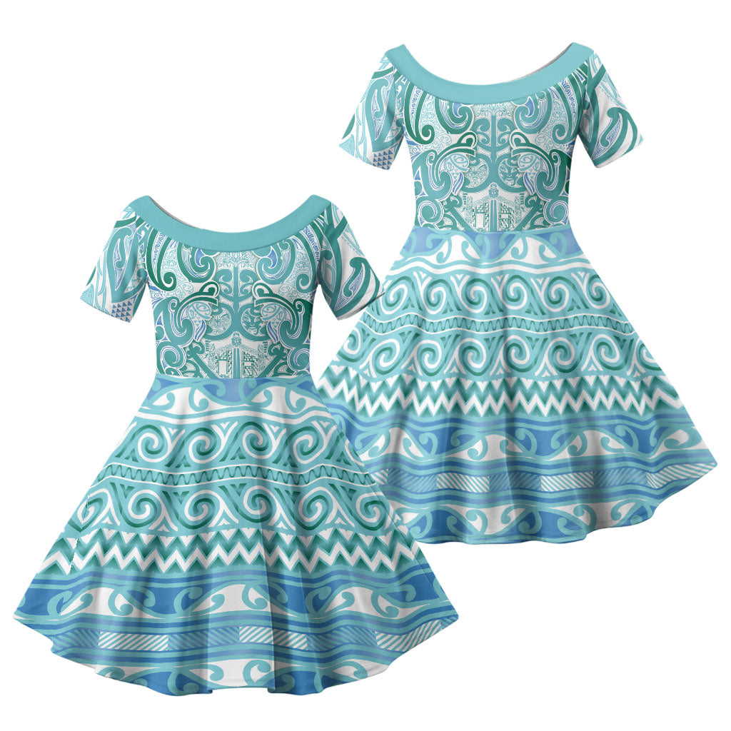 Aotearoa Iwi Ngati Paoa Family Matching Off The Shoulder Long Sleeve Dress and Hawaiian Shirt Maori Wharenui House Tribal Pattern LT9 Daughter's Dress Turquoise - Polynesian Pride