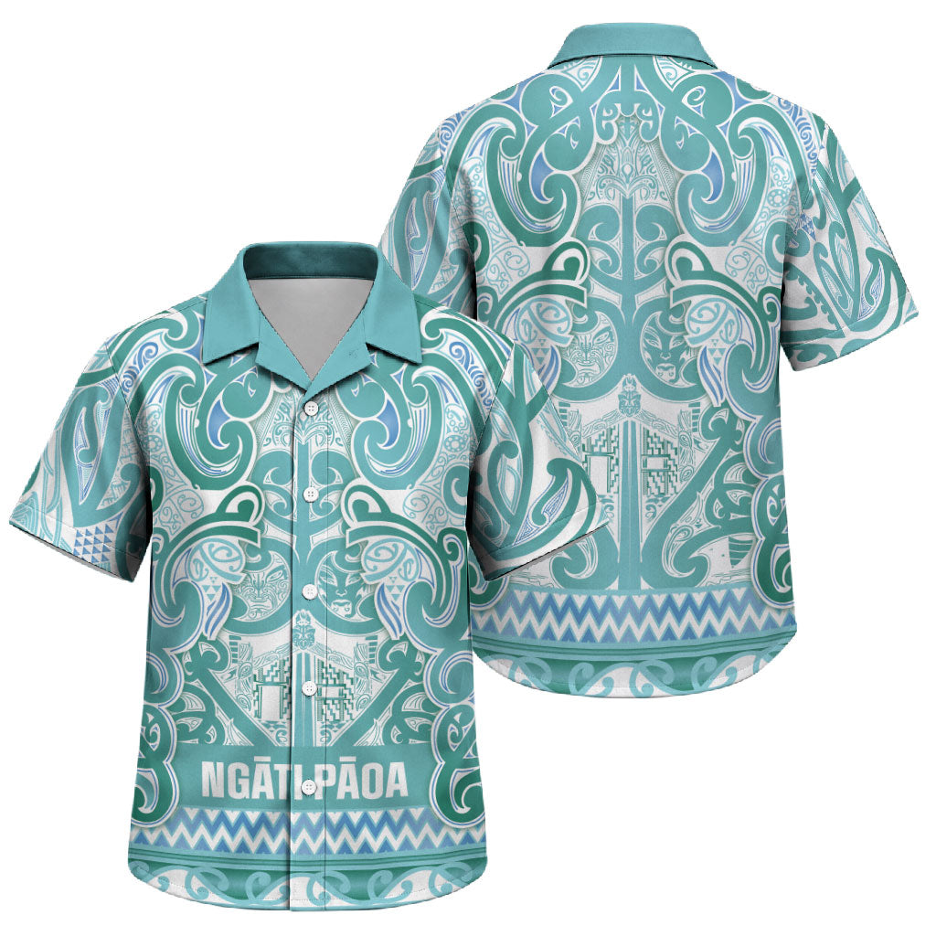 Aotearoa Iwi Ngati Paoa Family Matching Off The Shoulder Long Sleeve Dress and Hawaiian Shirt Maori Wharenui House Tribal Pattern LT9 Son's Shirt Turquoise - Polynesian Pride