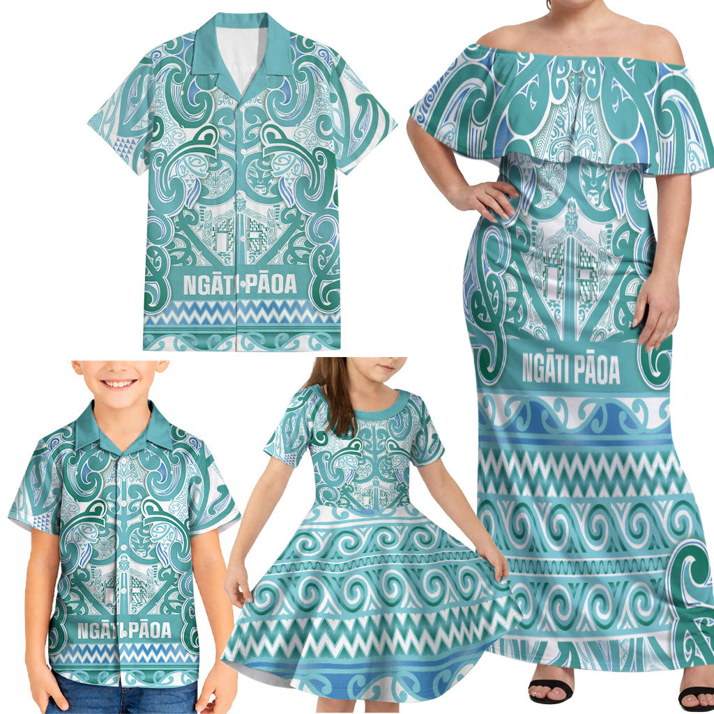 Aotearoa Iwi Ngati Paoa Family Matching Off Shoulder Maxi Dress and Hawaiian Shirt Maori Wharenui House Tribal Pattern LT9 - Polynesian Pride